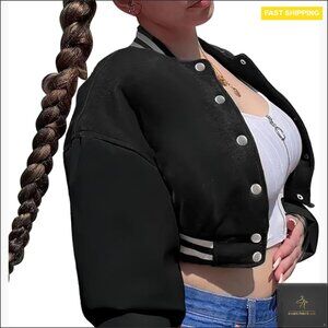 Faux Leather Baseball Bomber Jacket Cropped Button Closure Chic Casual